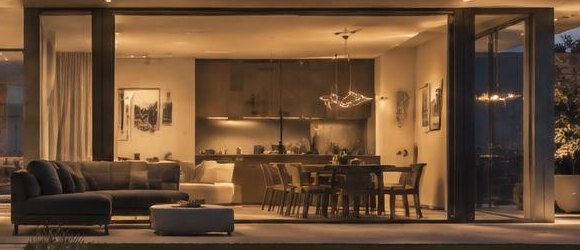 An open-plan living room glowing with warm pendant and recessed light