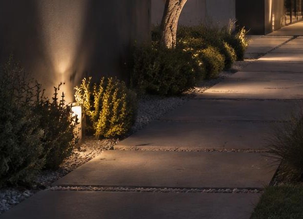 Low bollard lights along a garden path at night