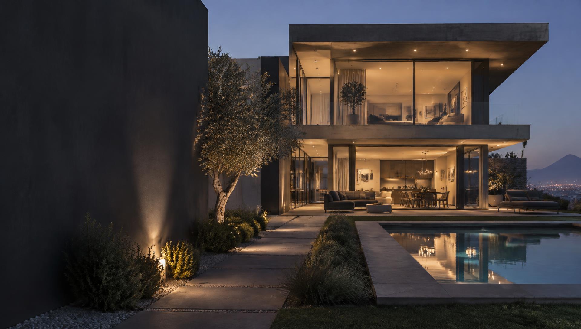 A modern home at dusk with warm interior, garden and pool lighting